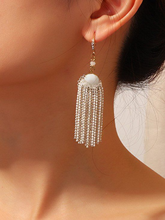 

Faux Gem Beaded Fringed Hook Earrings, White