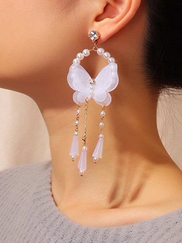 

Faux Pearl Rhinestone Butterfly Drop Earrings, White