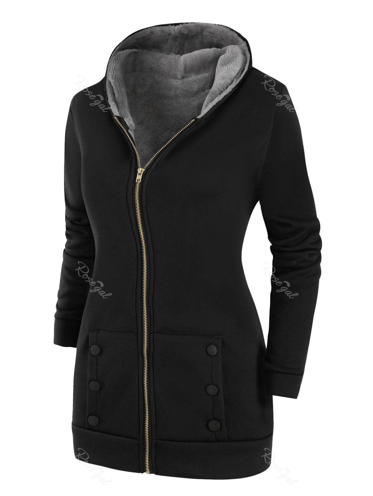 

Buttoned Hooded Faux Fur Lined Zip Front Plus Size Coat, Black