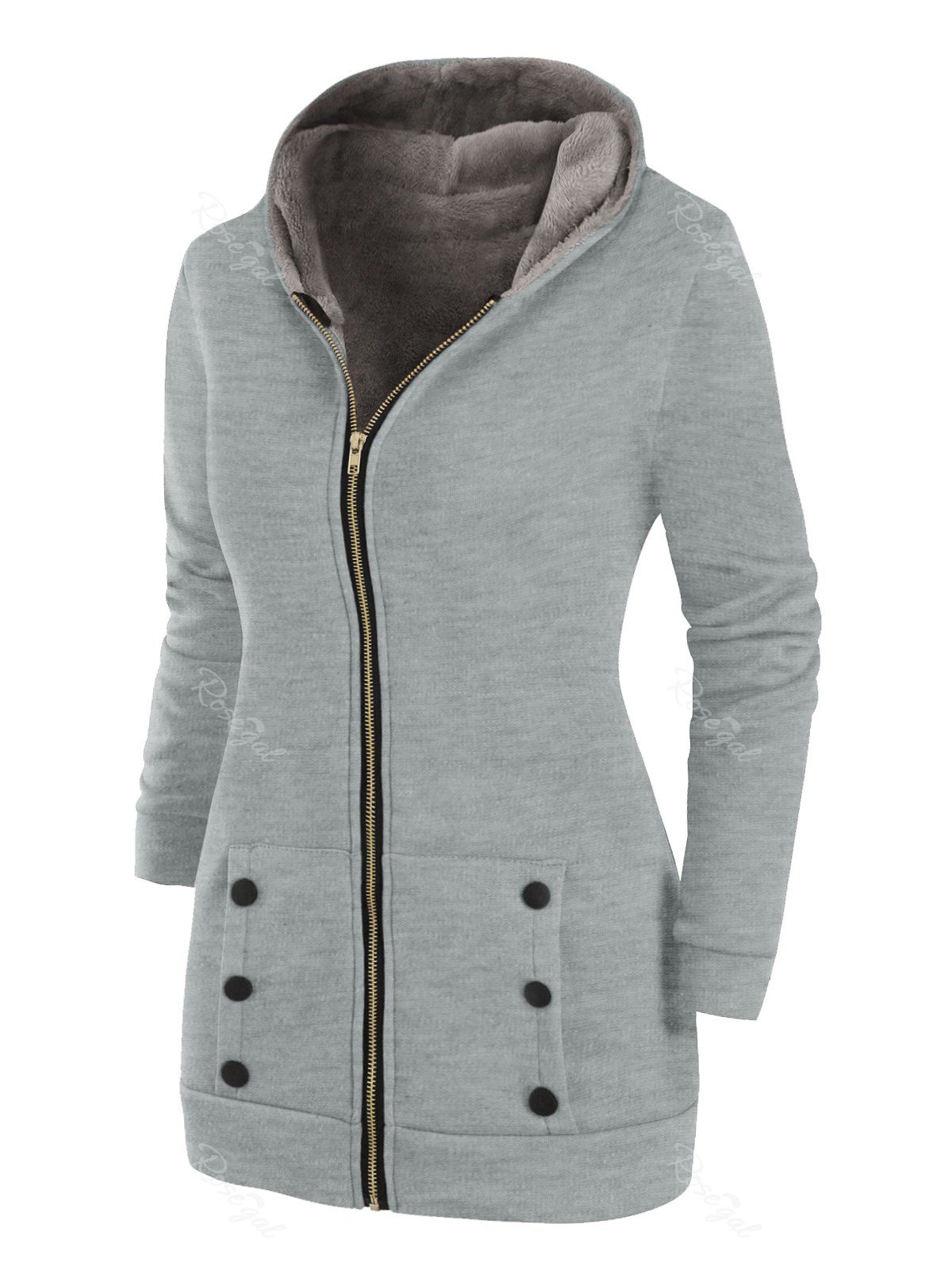 

Buttoned Hooded Faux Fur Lined Zip Front Plus Size Coat, Light gray