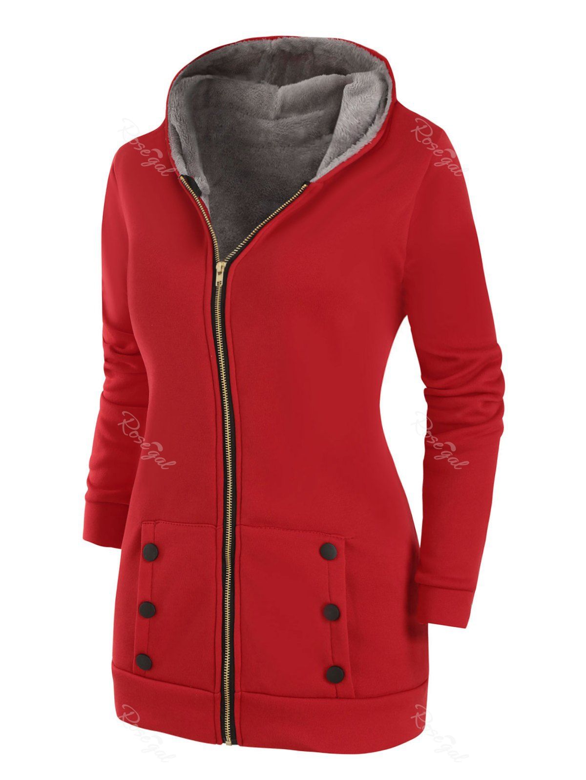 

Buttoned Hooded Faux Fur Lined Zip Front Plus Size Coat, Red