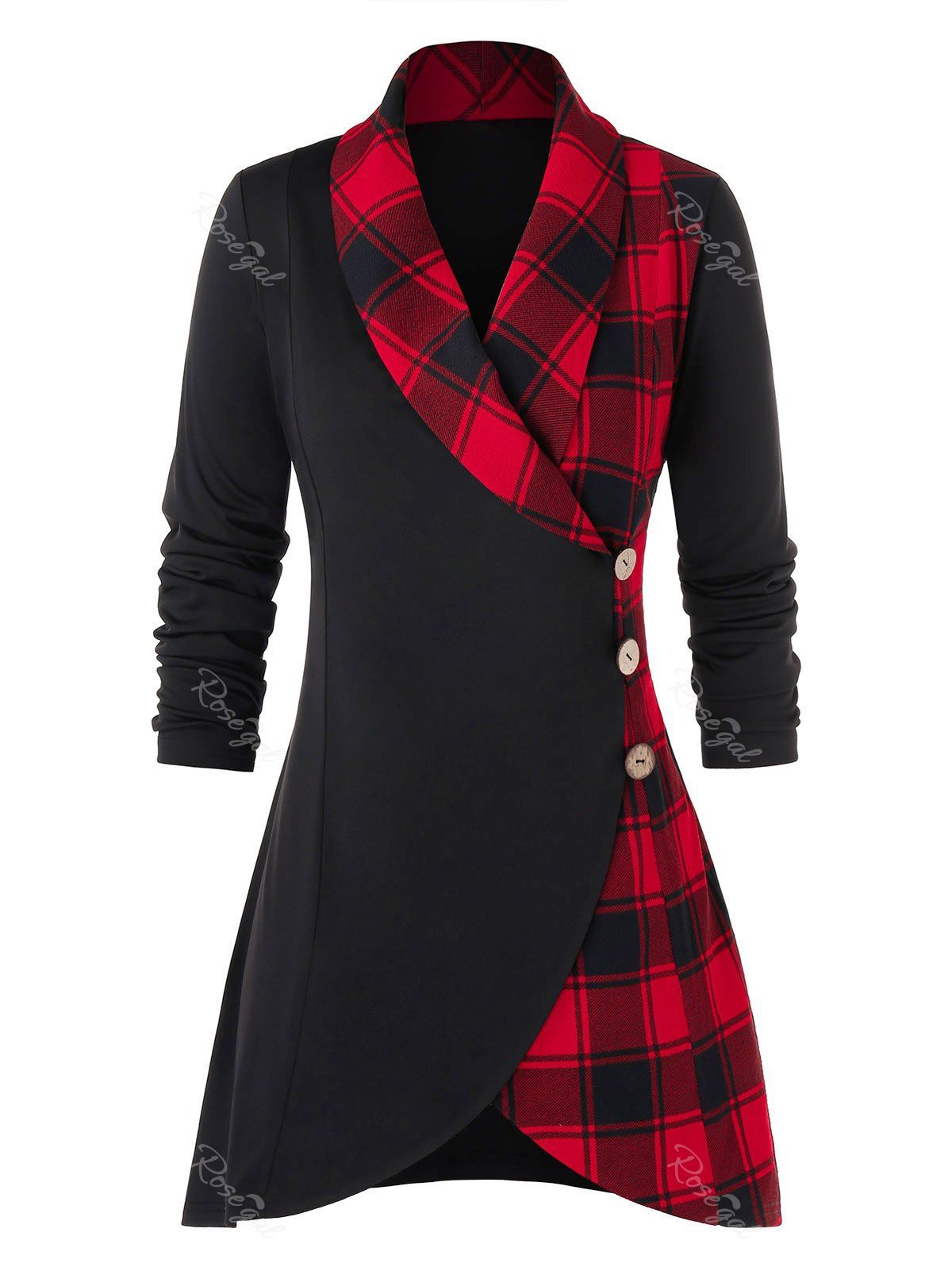 

Plus Size Plaid Buttons Shawl Collar Coat, Black