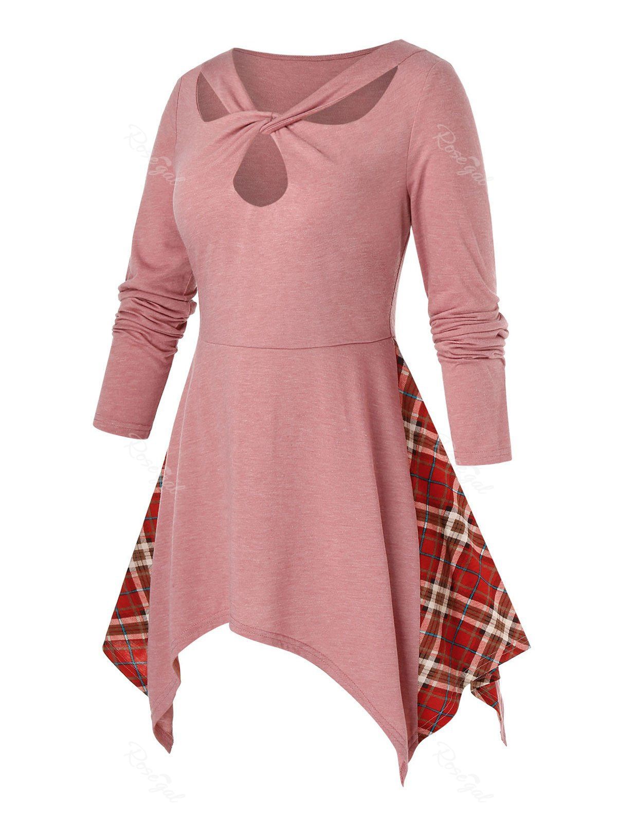 

Plus Size Asymmetrical Twist Cutout Handkerchief Plaid Tee, Pink