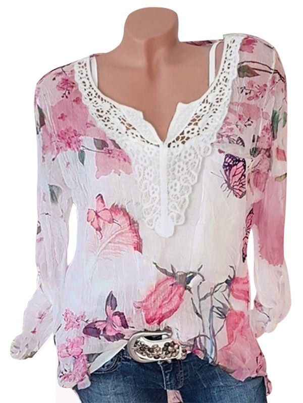 

Plus Size Roll Up Sleeve Butterfly Floral Chiffon Blouse, Sakura pink