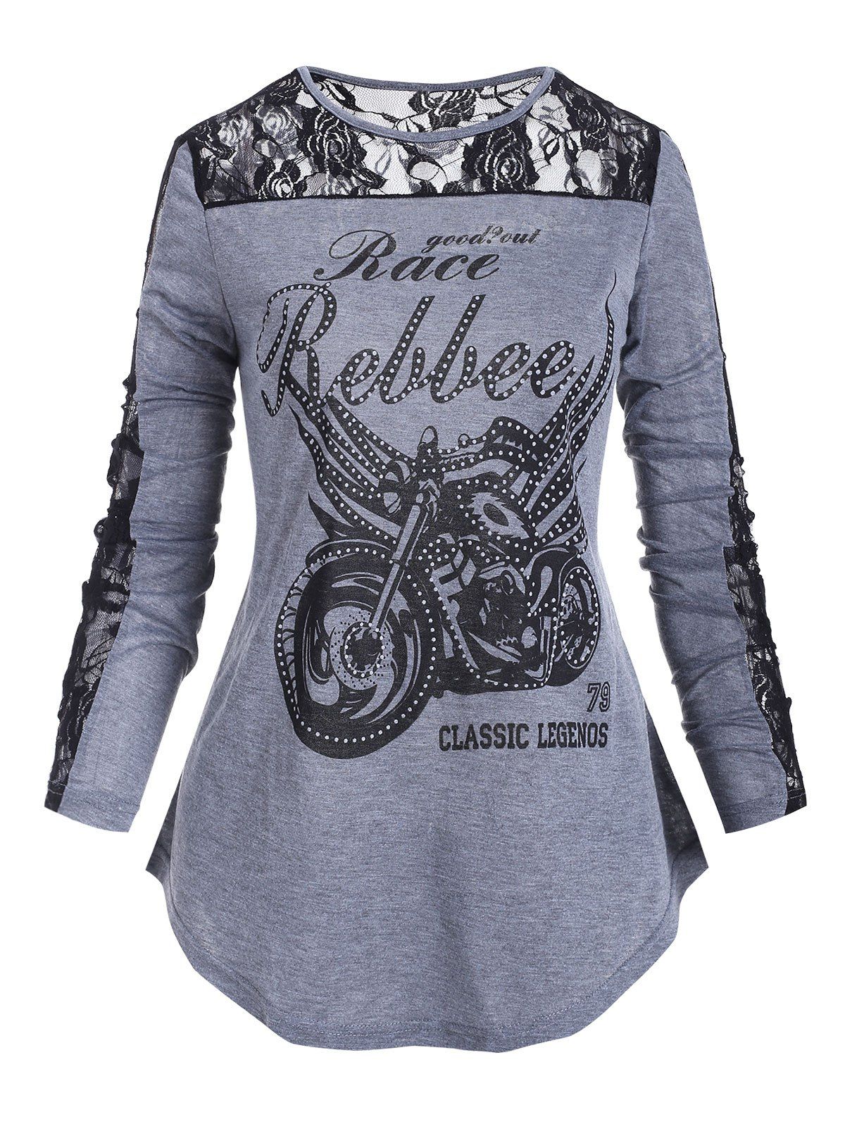 

Plus Size Lace Panel Printed Graphic T Shirt, Gray