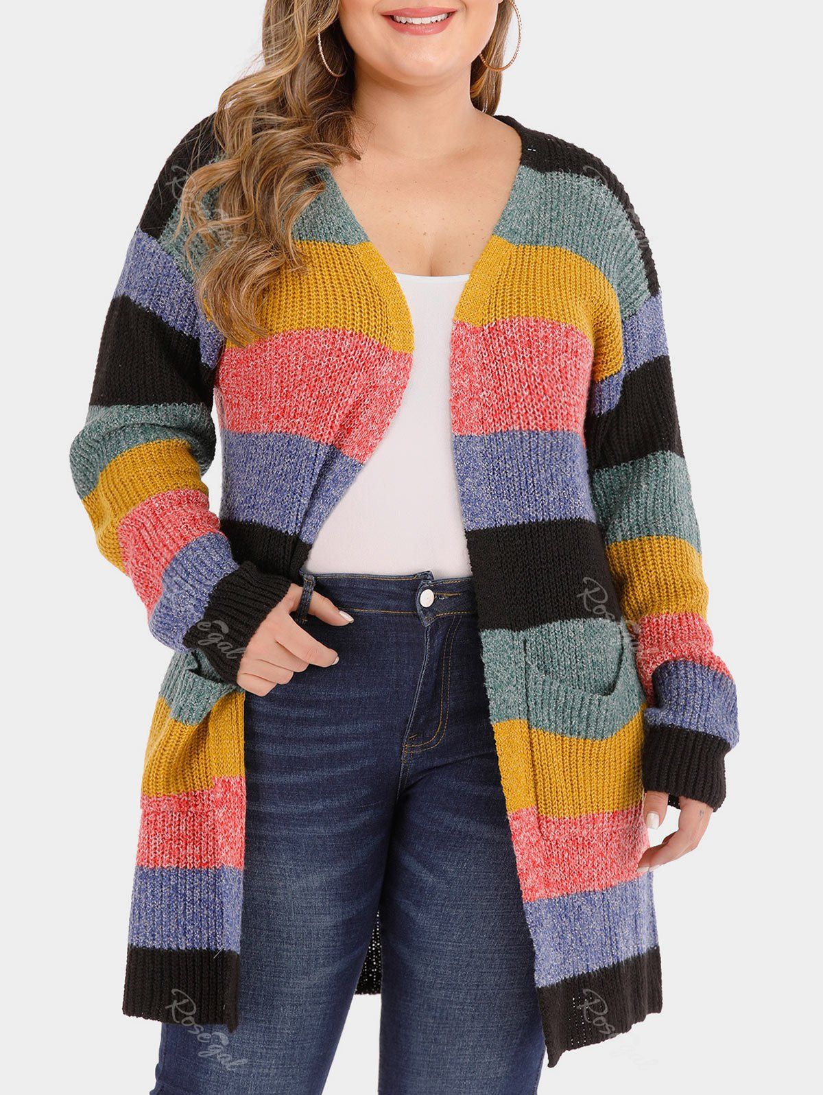 

Open Front Dual Pocket Colorblock Stripes Plus Size Cardigan, Multi