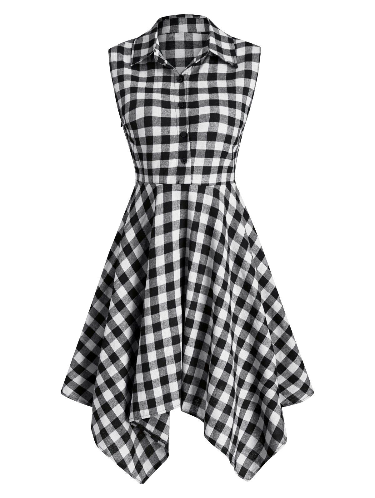 

Plaid Half Button Sleeveless Shirt Dress, Black