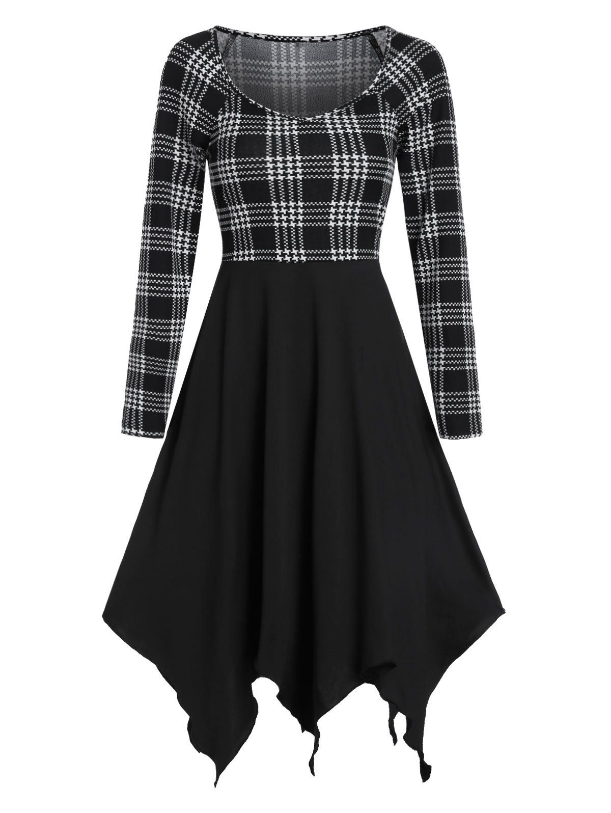 

Plaid Asymmetrical Long Sleeve Midi Dress, Black