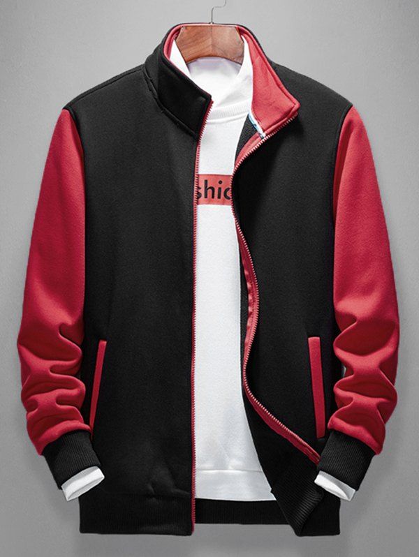 

Colorblock Spliced Zip Up Jacket, Black
