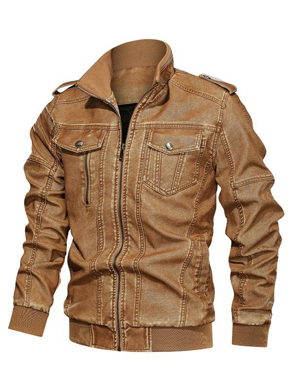 

Solid Color Faux Leather Cargo Jacket, Bee yellow