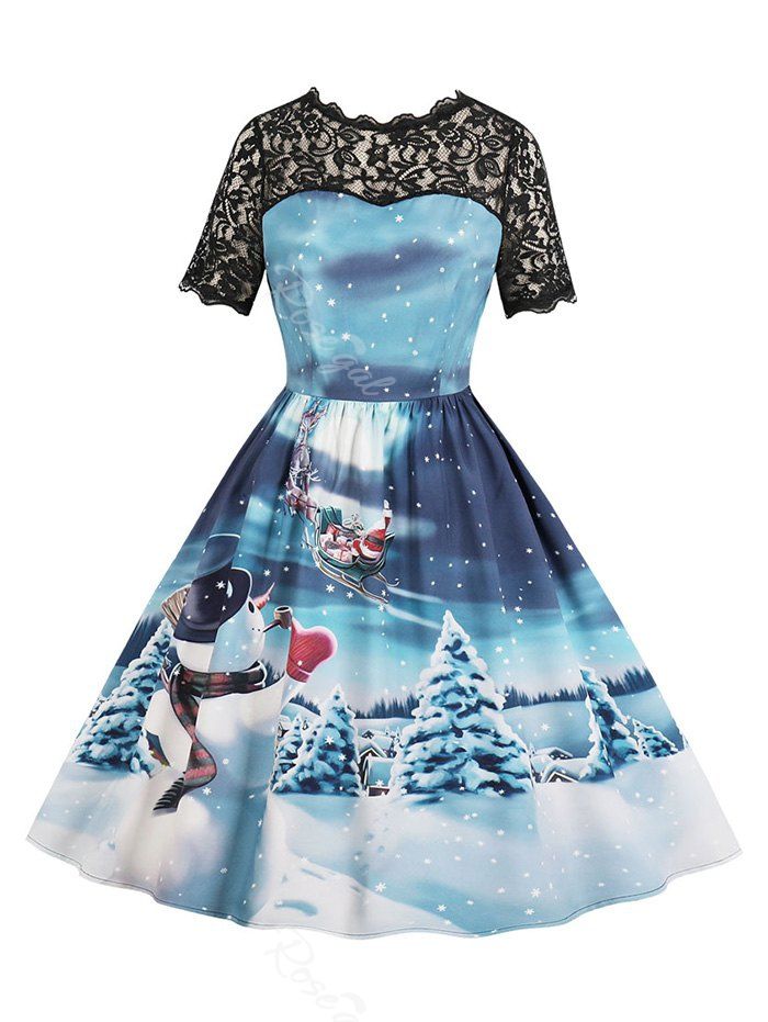 

Lace Panel Christmas Snowflake Snowman Santa Claus Plus Size Dress, Blue ivy