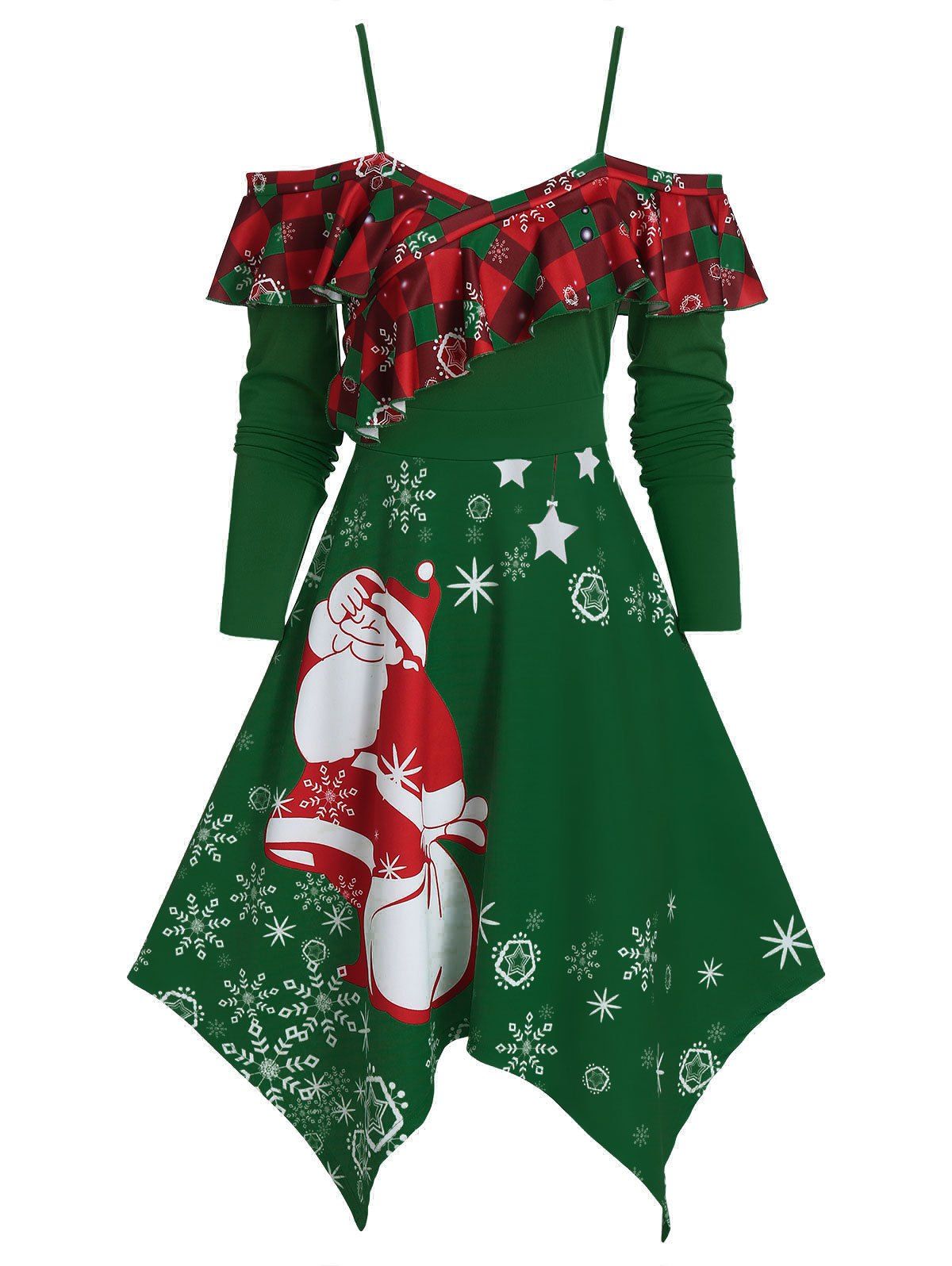 

Cold Shoulder Ruffled Santa Claus Print Christmas Dress, Dark green