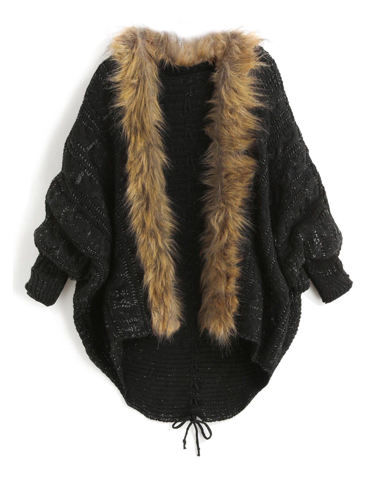 

Faux Fur Batwing Sleeve Open Front Cardigan, Black