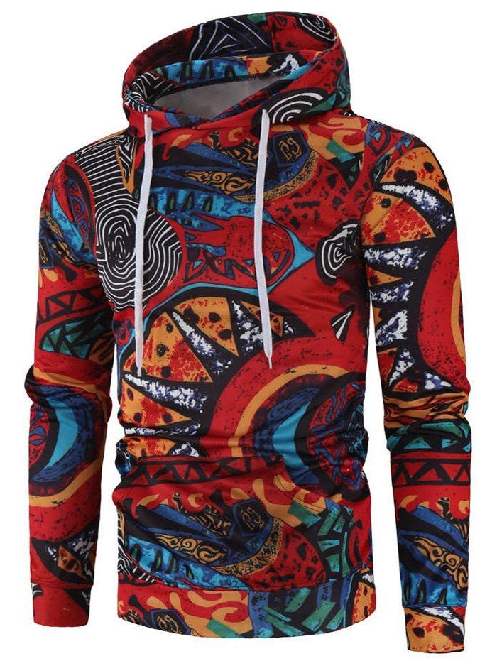 

Drawstring Colored Geometric Paint Print Kangaroo Pocket Hoodie, Red