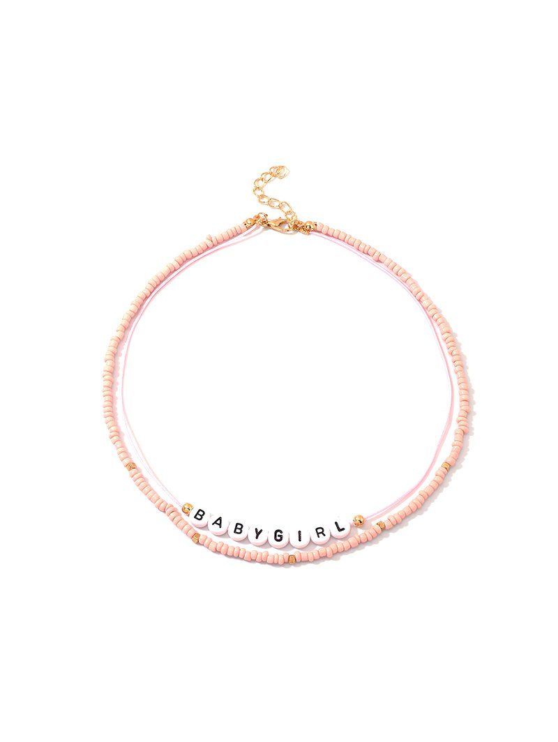 

Bohemian Beaded Letter Cord Layers Necklace, Pink