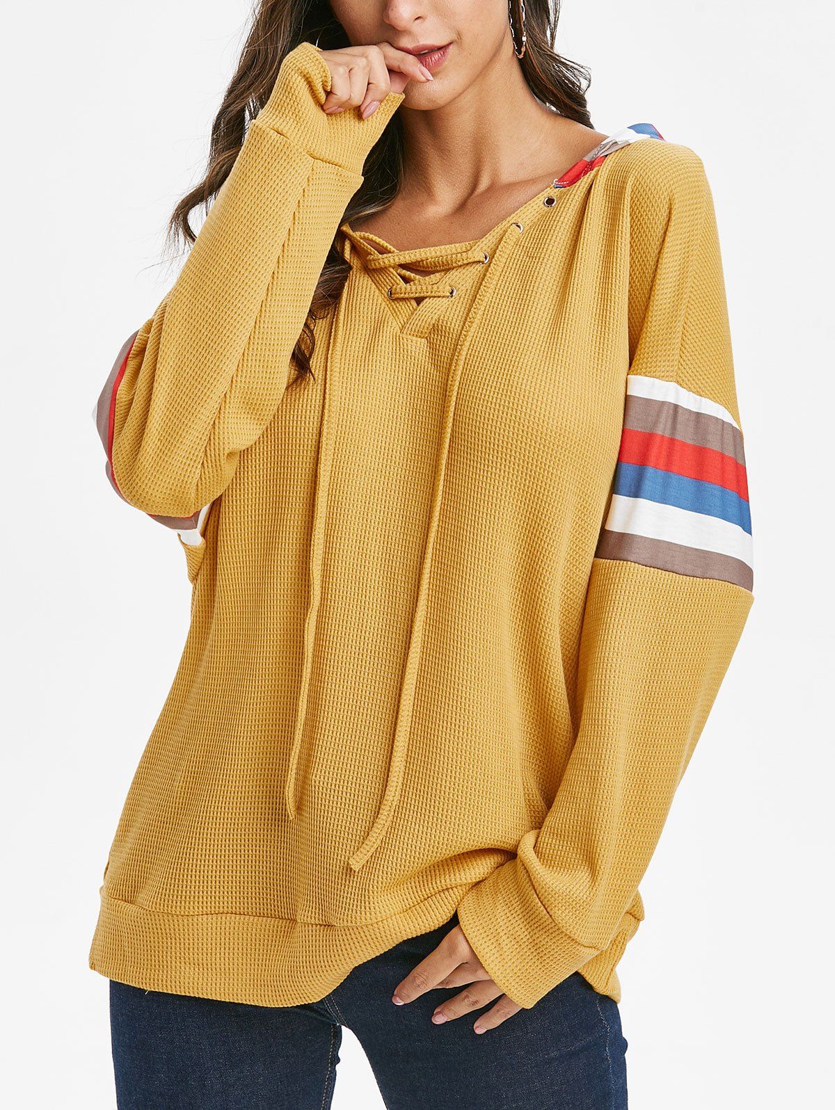 

Lace Up Striped Drop Shoulder Hoodie, Golden brown