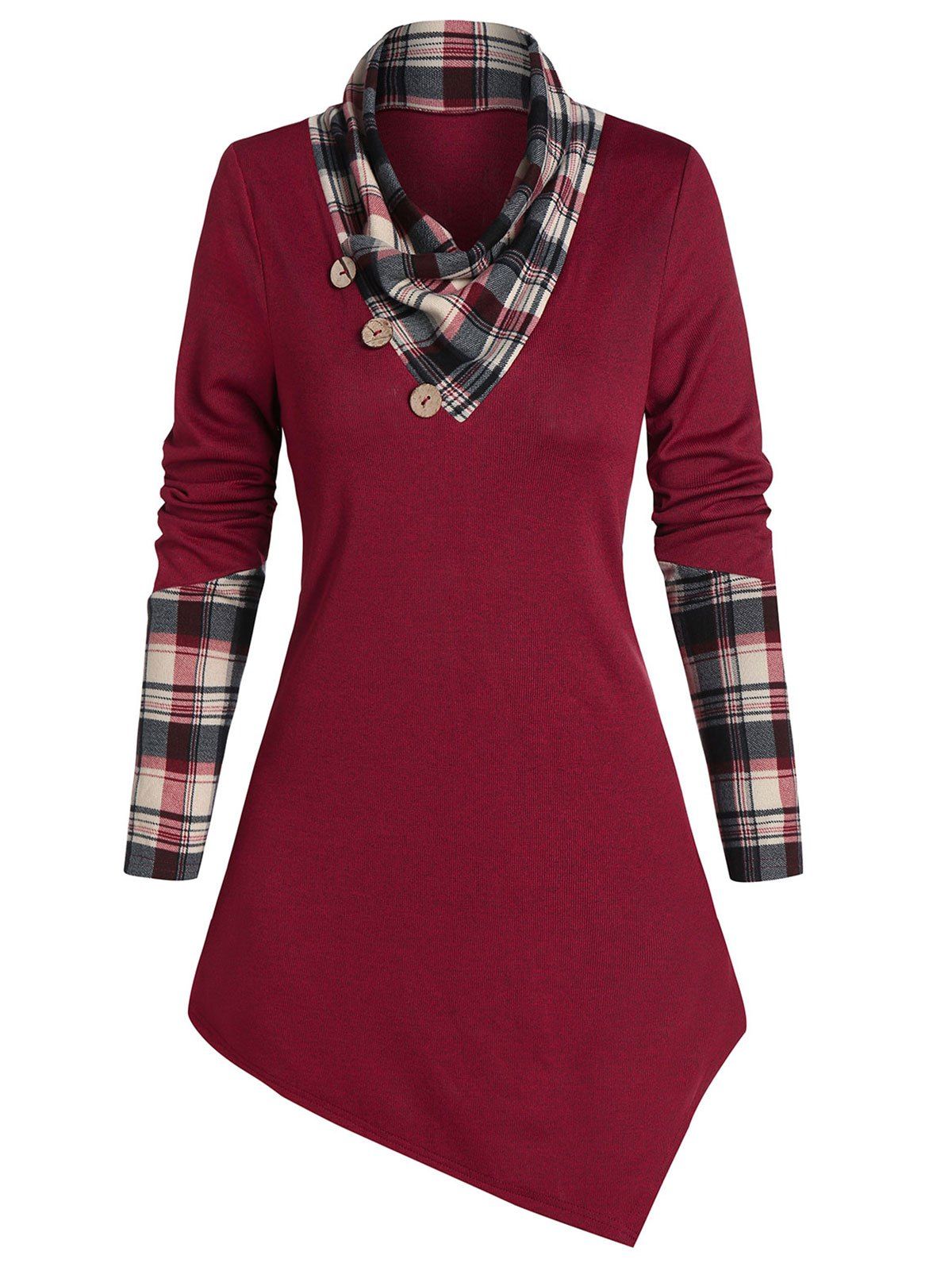 

Plaid Print Button Embellished Asymmetric Pullover Sweater, Red wine