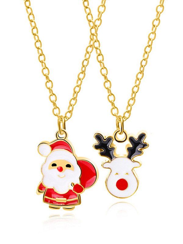 

2Pcs Christmas Elk Santa Claus Necklace Set, Gold