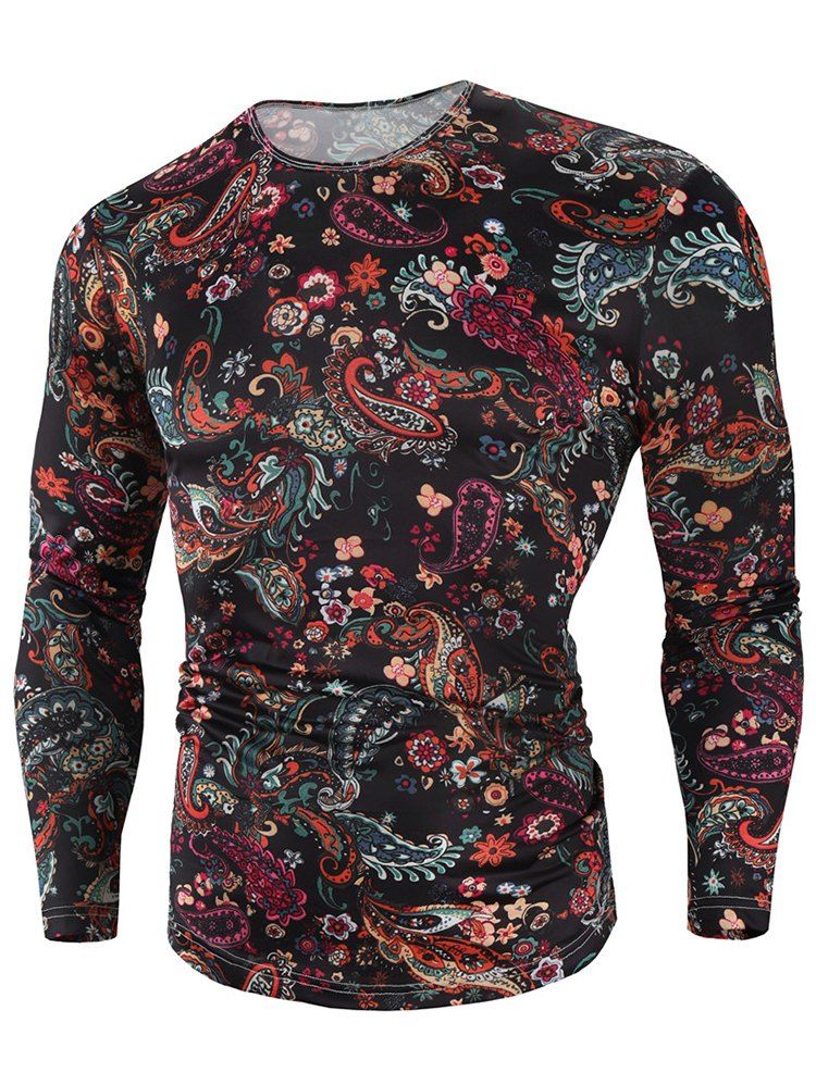 

Paisley Floral Print Long Sleeve Slim Fit T-shirt, Black