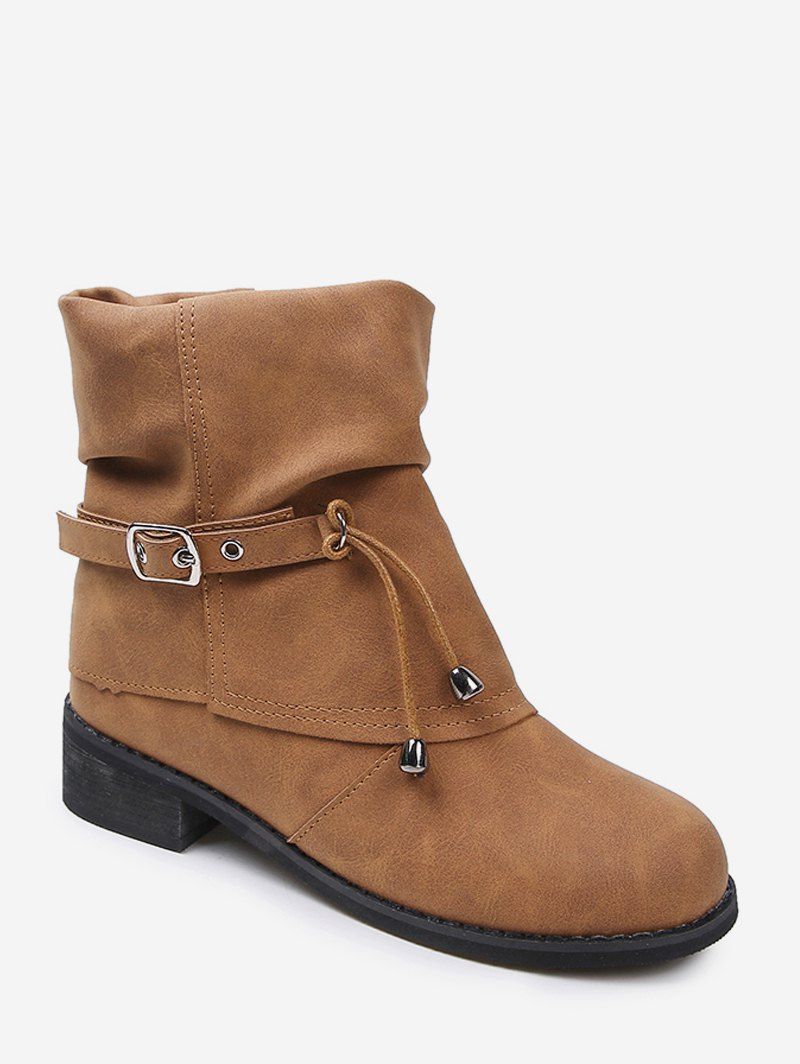 

Foldover Buckle Accent Chunky Heel Short Boots, Dark khaki