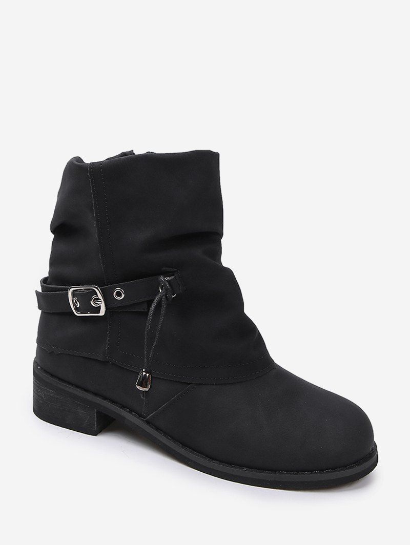 

Foldover Buckle Accent Chunky Heel Short Boots, Black
