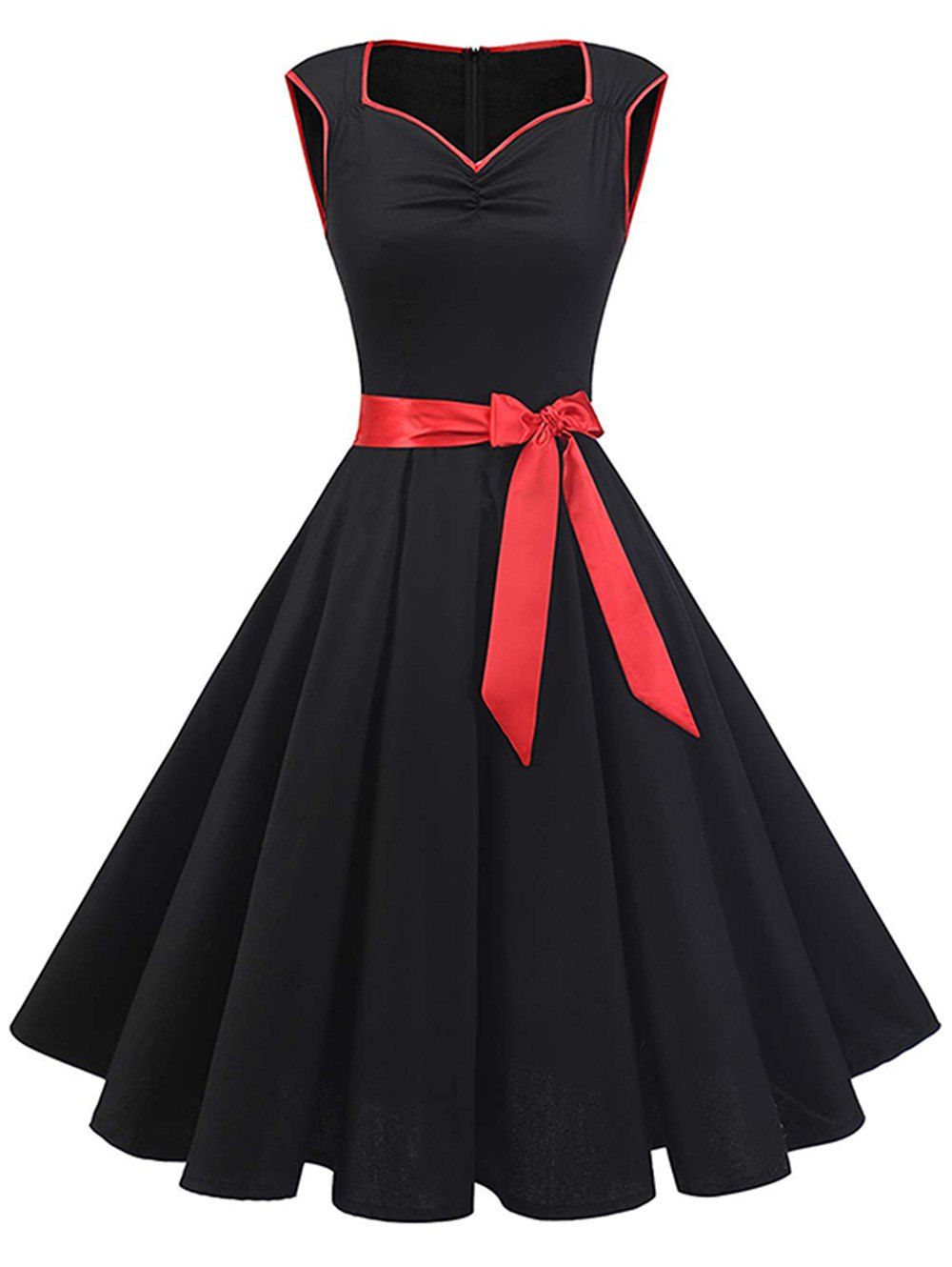 

Contrast Binding Sweetheart Sleeveless Dress, Black