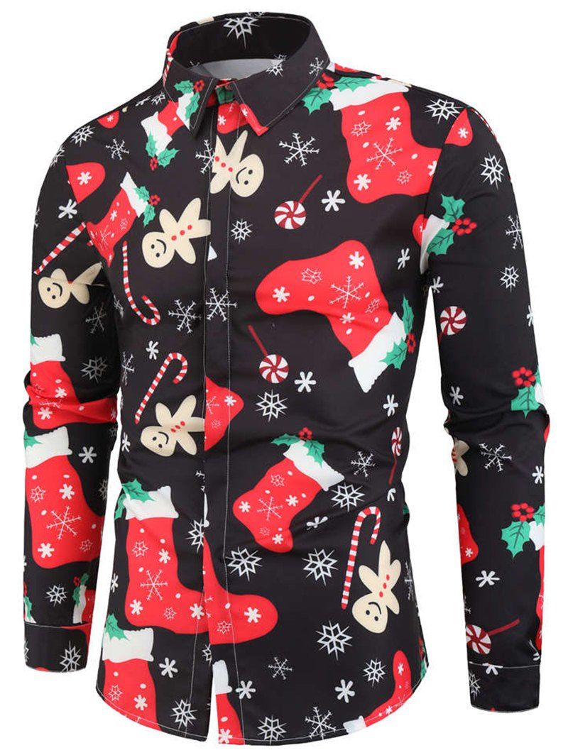 

Christmas Candy Stocking Print Button Up Shirt, Black