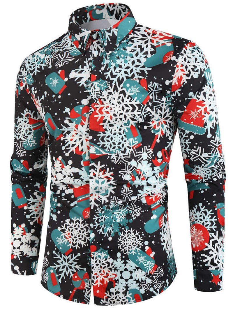 

Christmas Snowflake Print Long Sleeve Button Shirt, Black