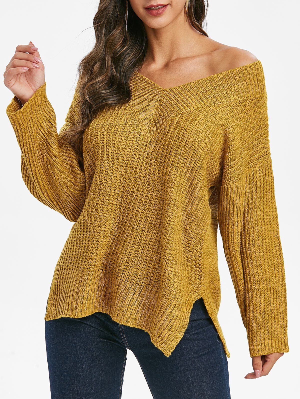 

Drop Shoulder Skew Neck Slit Sweater, Orange gold