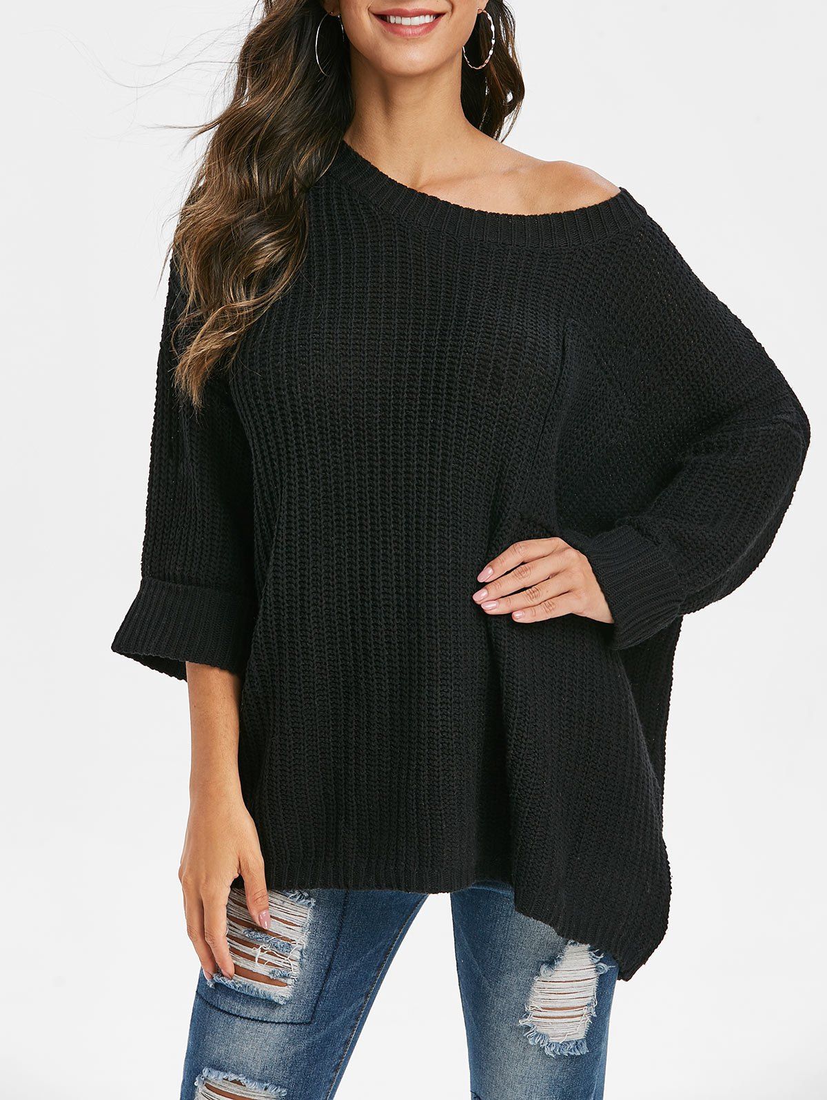 

Drop Shoulder Cuffed Loose Jumper Sweater, Black