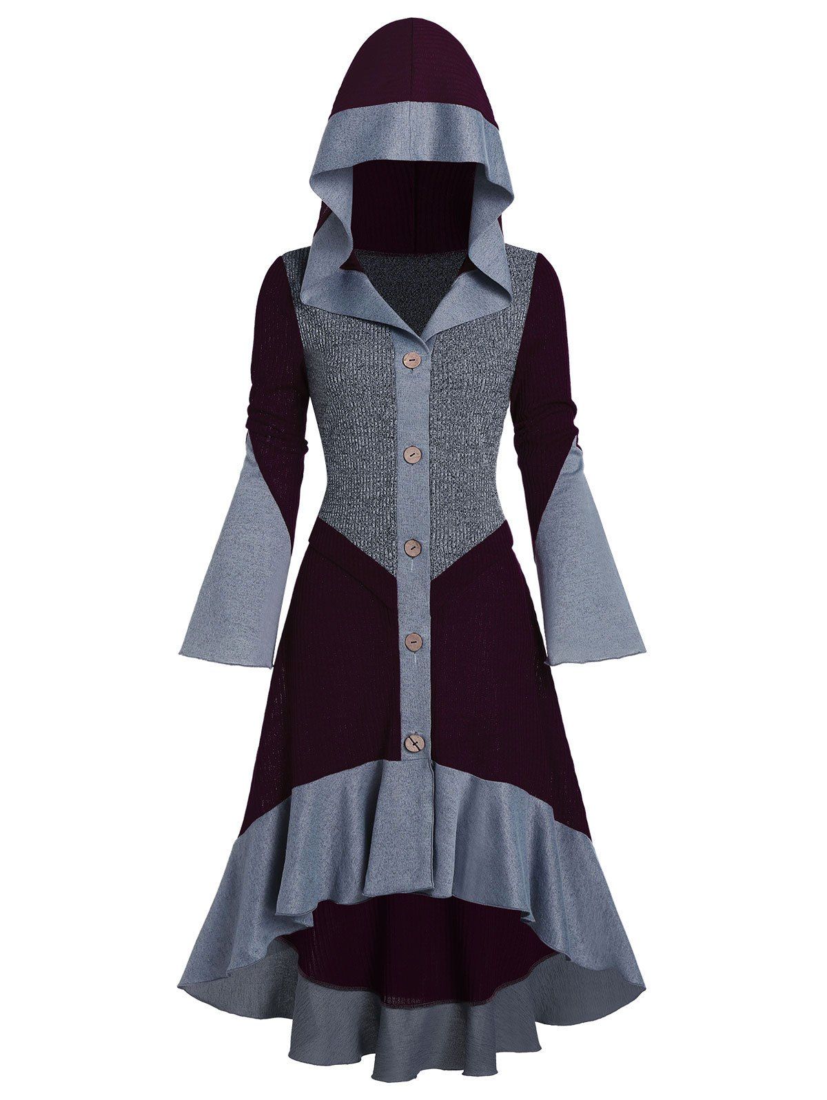 

Hooded Contrast Ribbed Button Up High Low Cardigan, Multi-a