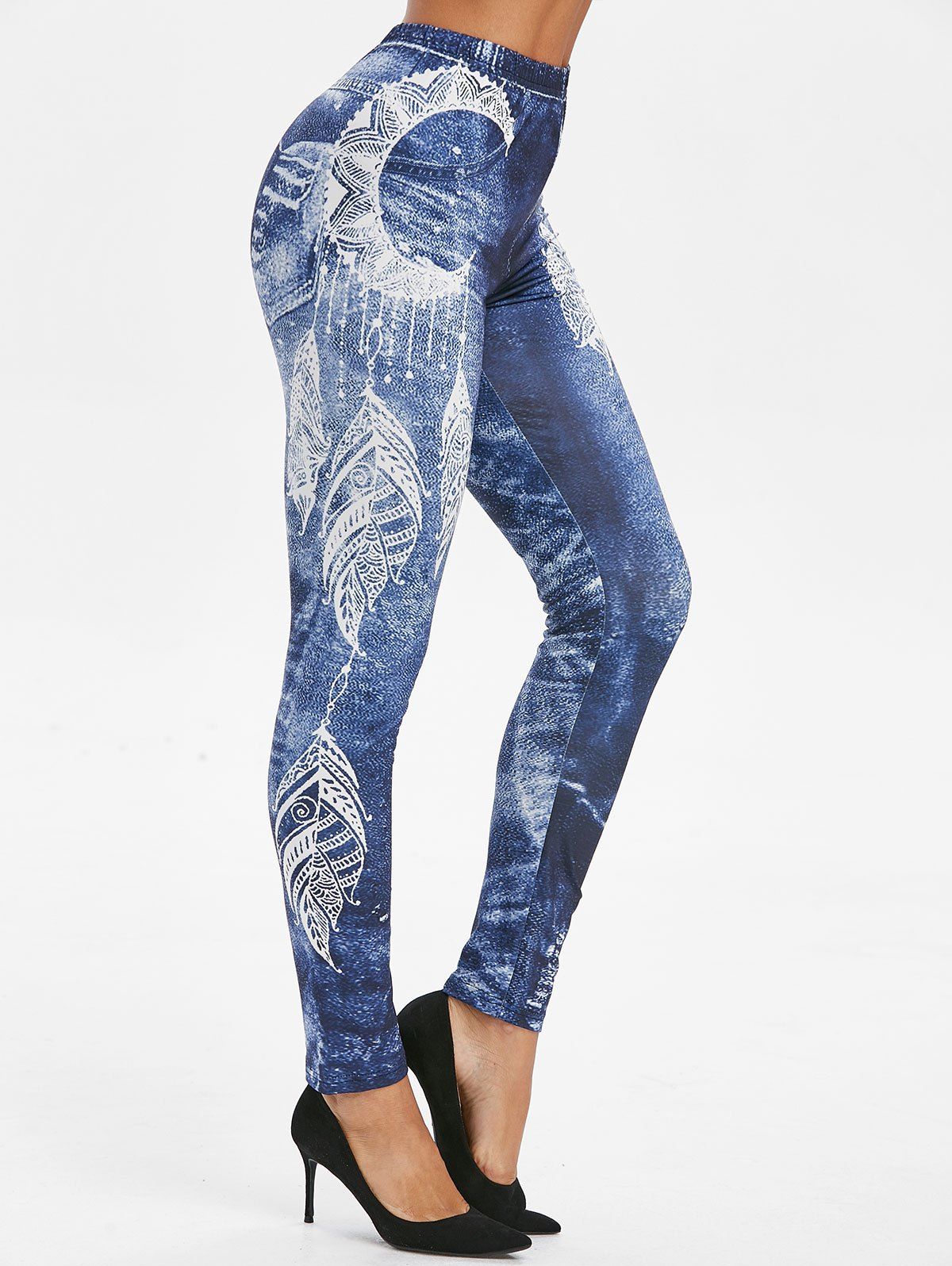 

Feather Print Elastic Waist Skinny Leggings, Denim dark blue