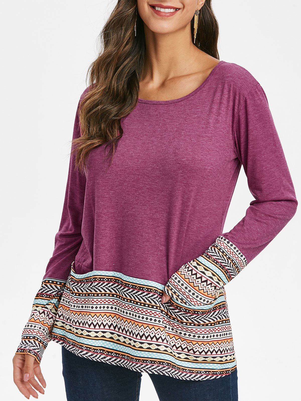 

Aztec Print Long Sleeve Pocket T-shirt, Plum