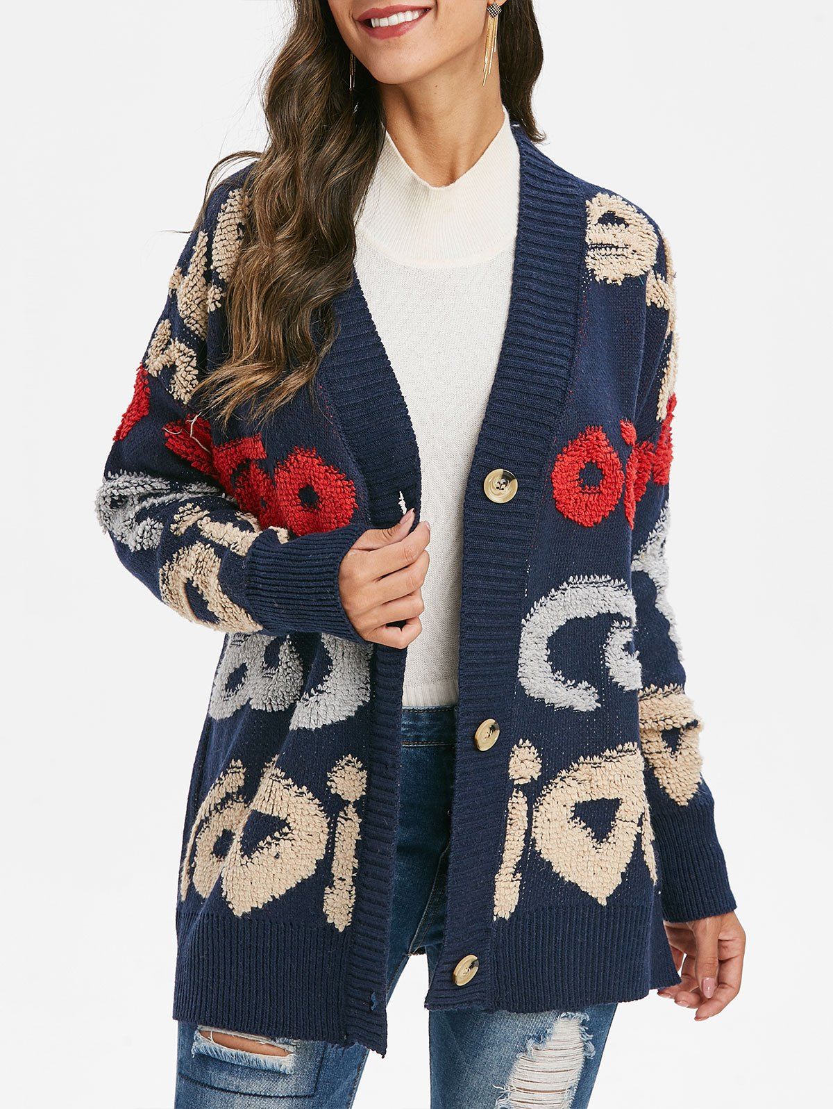 

Graphic Drop Shoulder Plunging Cardigan, Deep blue