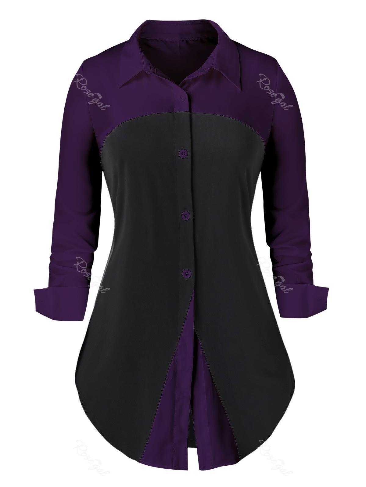 

Plus Size Two Tone Button Up Curved Work Shirt, Dark orchid