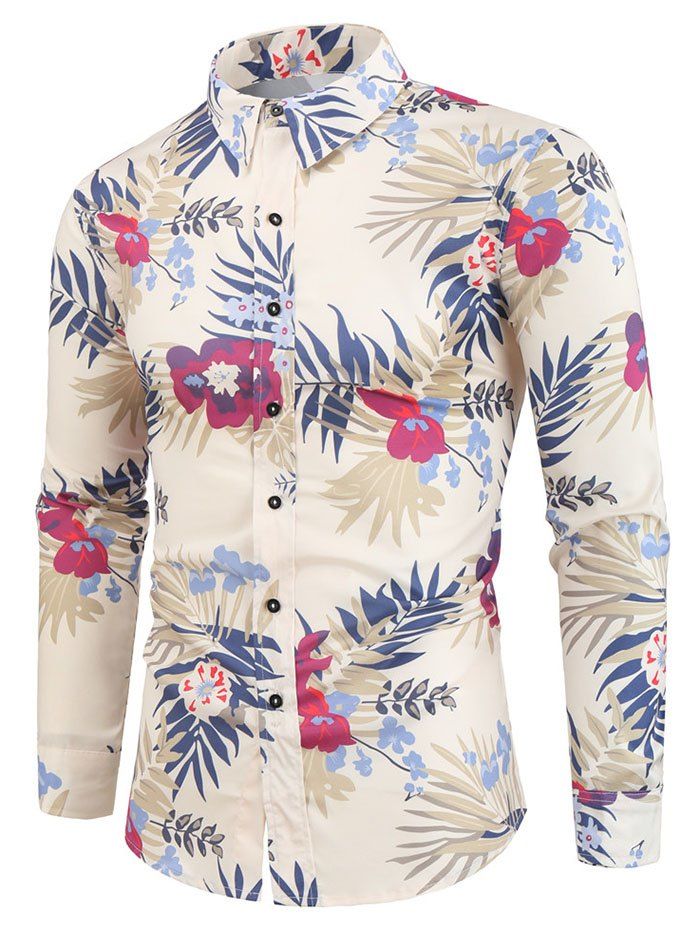 

Tropical Flower Plant Print Button Vacation Shirt, Beige