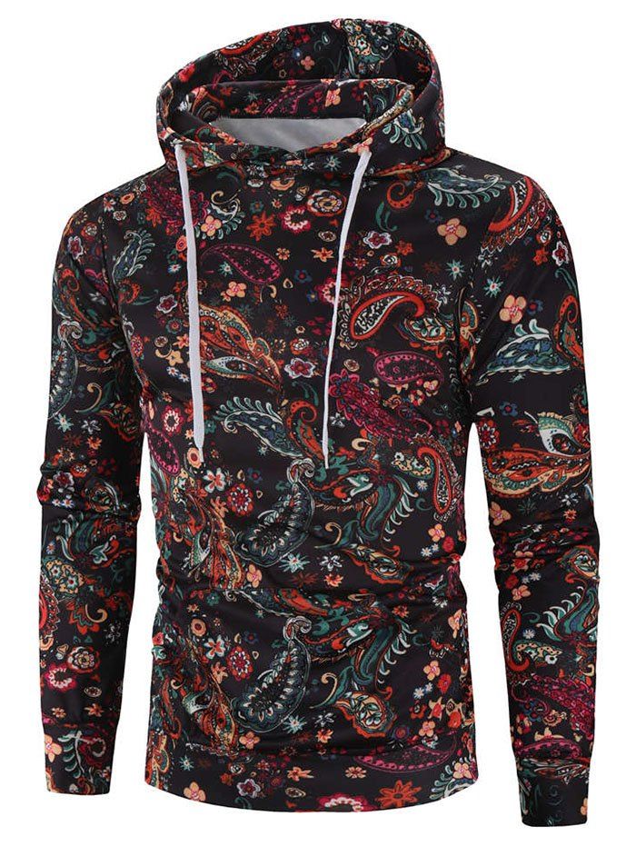 

Floral Paisley Print Drawstring Hoodie, Black
