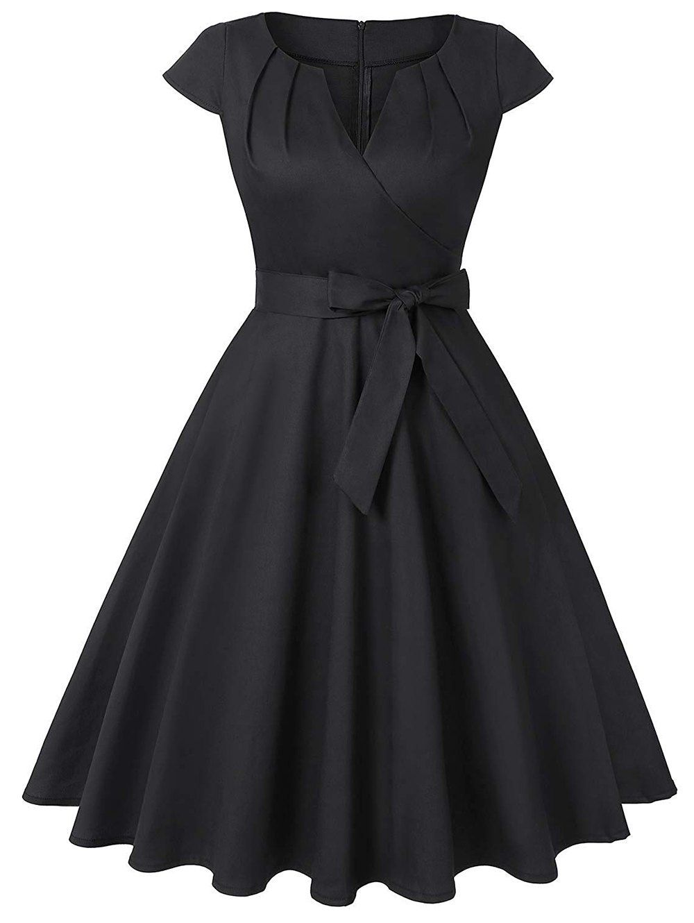 

V Cut Cap Sleeve Belted Prom Dress, Black