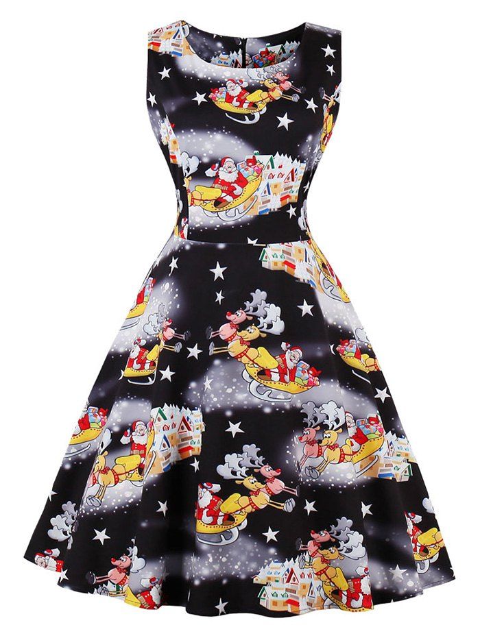 

Santa Claus Star Print Christmas Sleeveless Dress, Black