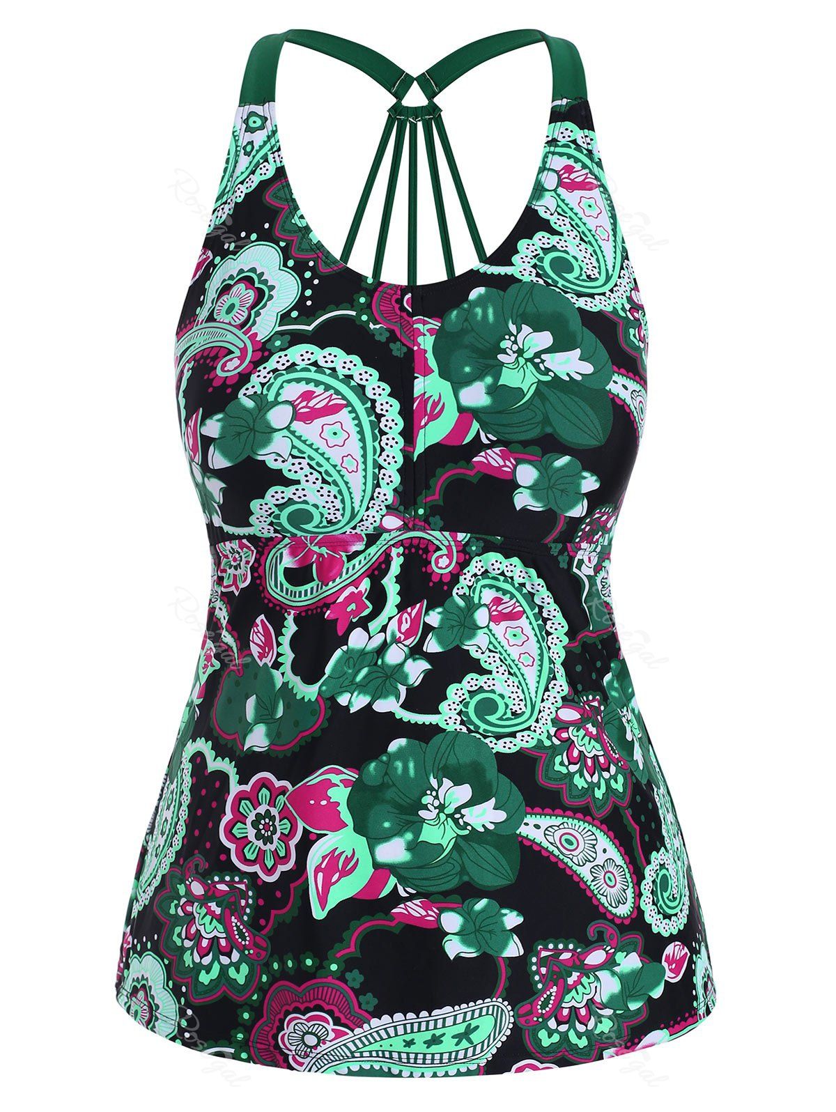

Plus Size Floral Paisley Print Strappy Tankini Top, Dark green