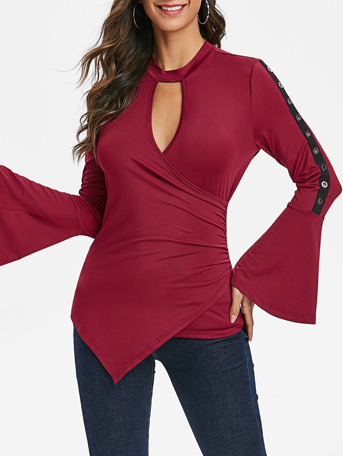 

Flare Sleeves Eyelet Ruched Surplice T Shirt, Red wine