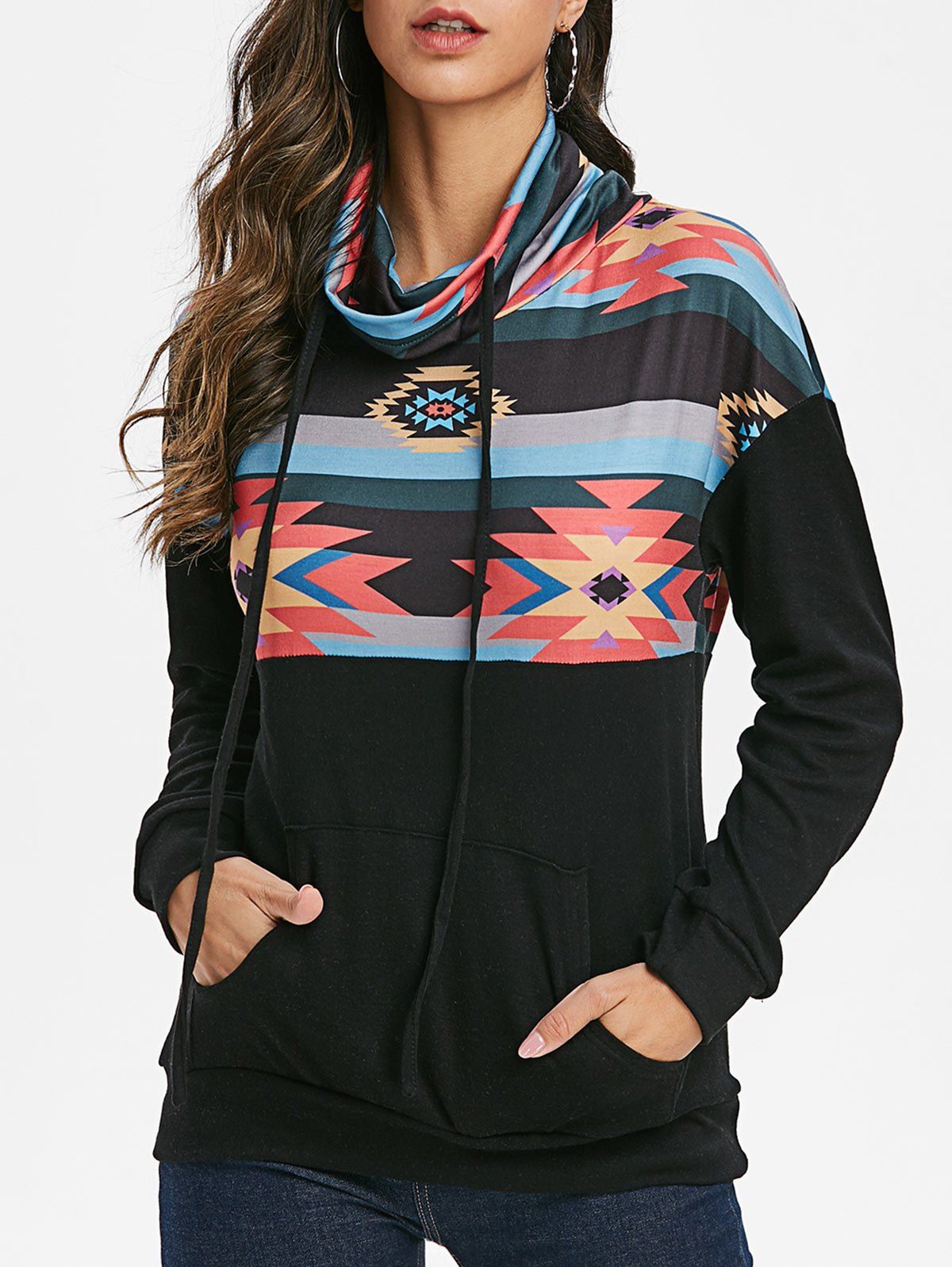 

Drop Shoulder Geo Cowl Neck Drawstring Sweatshirt, Black
