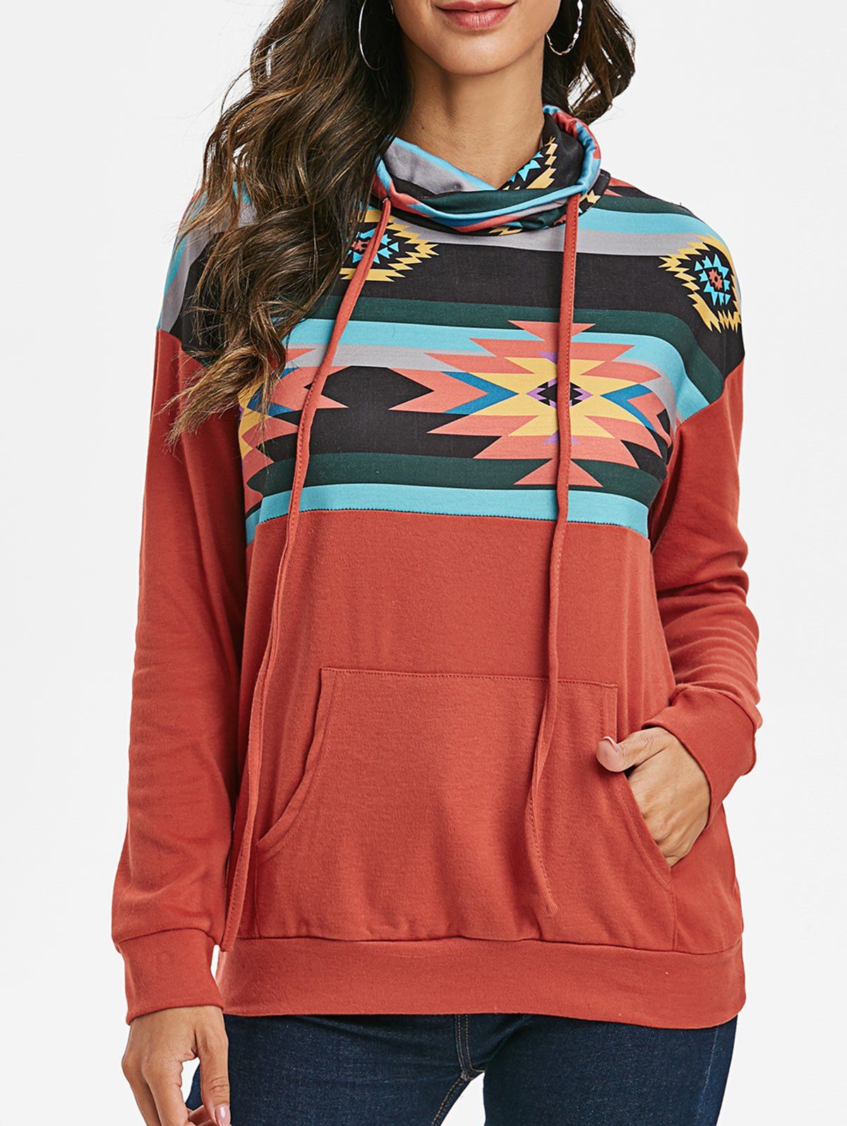 

Drop Shoulder Geo Cowl Neck Drawstring Sweatshirt, Cherry red