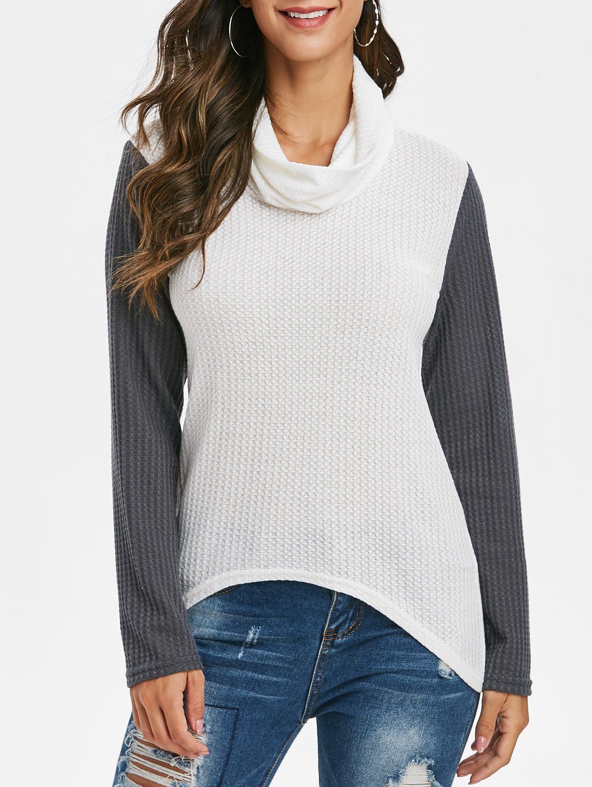 

Cowl Neck Two Tone Honeycomb Knit Sweater, Gray cloud