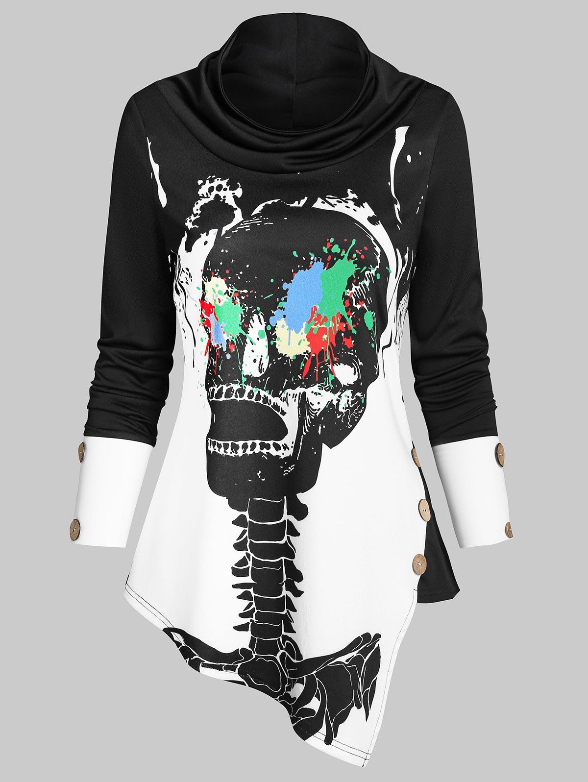 

Paint Splatter Skeleton Print Asymmetric Button Embellished Sweatshirt, Black