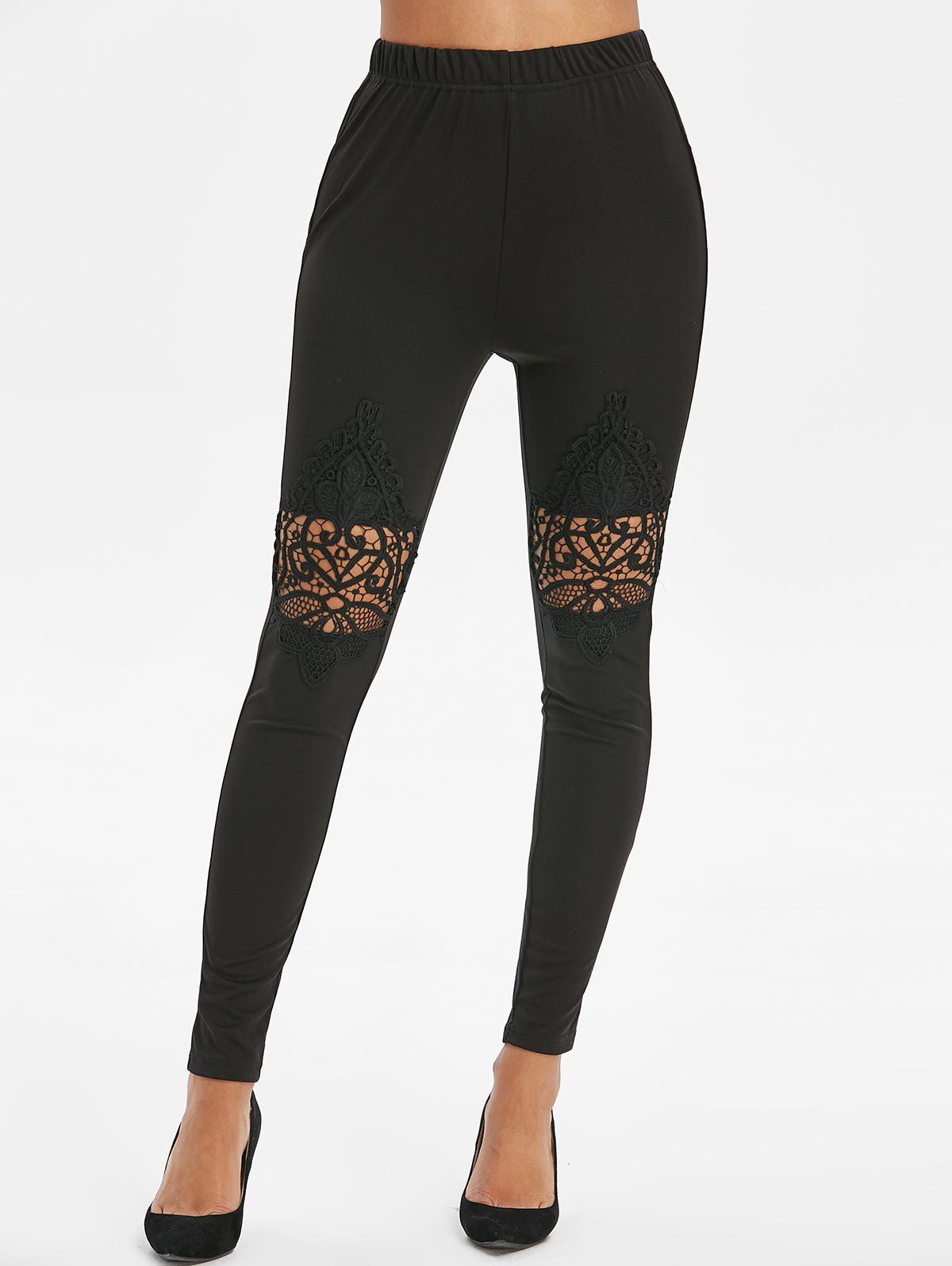 

High Waist Lace Spliced Leggings, Black