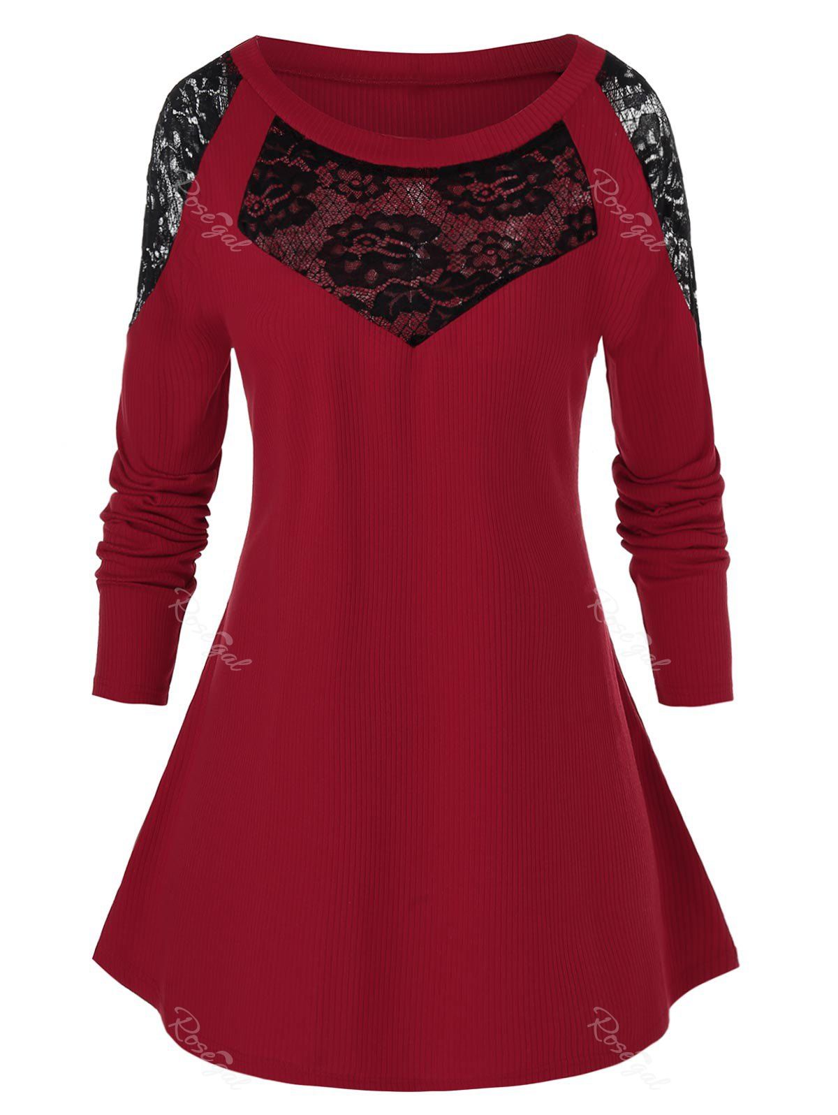 

Plus Size Lace Insert Top, Red wine