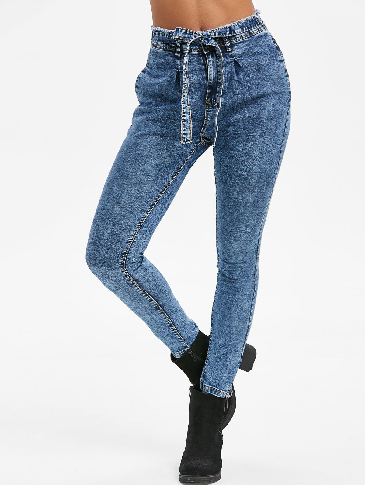 

Knotted Frayed Snow Wash Pockets Jeans, Cornflower blue