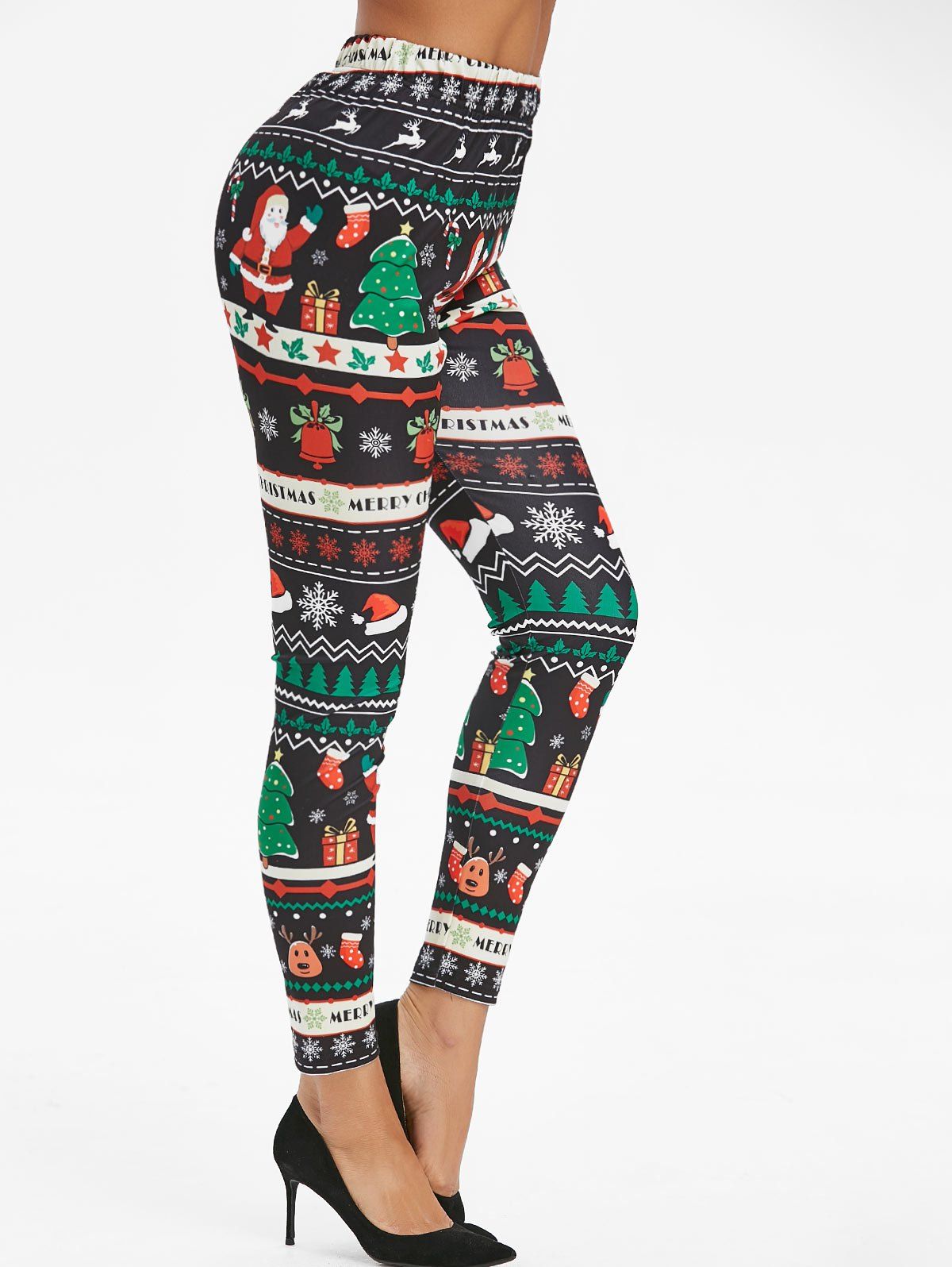 

Christmas Tree Santa Claus Snowflake High Rise Leggings, Black