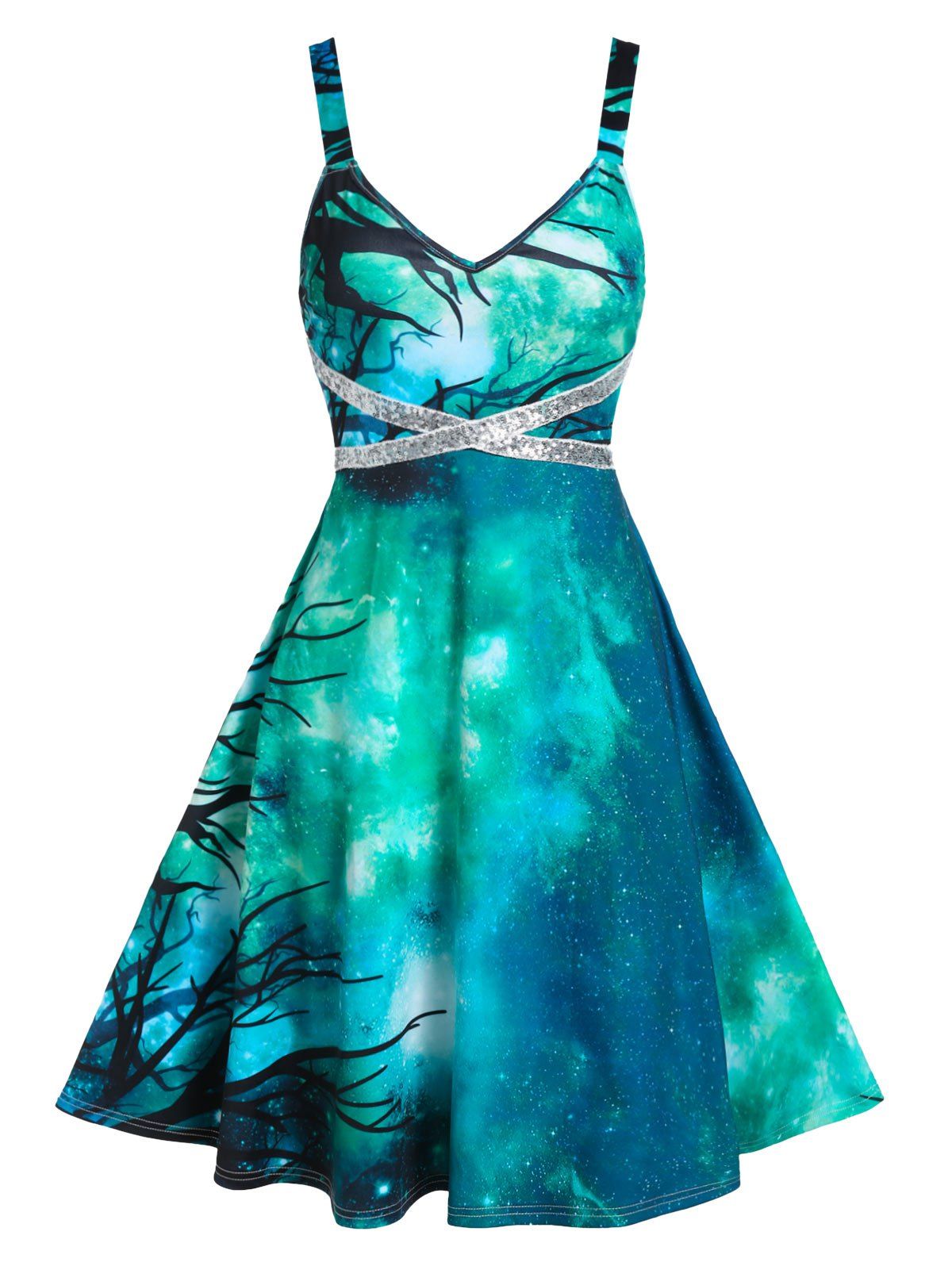 

Starry Print Criss Cross Sequins Cami Dress, Sea turtle green